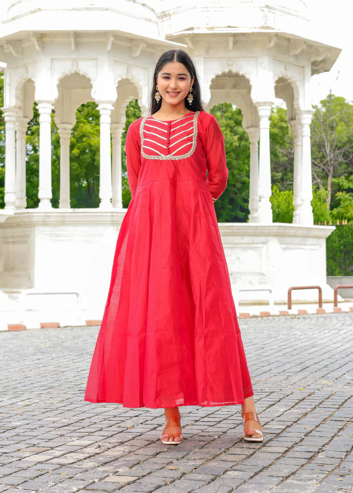 Sindoori Adaa – Chanderi Silk Anarkali Set - 3099 - Gheraa10143