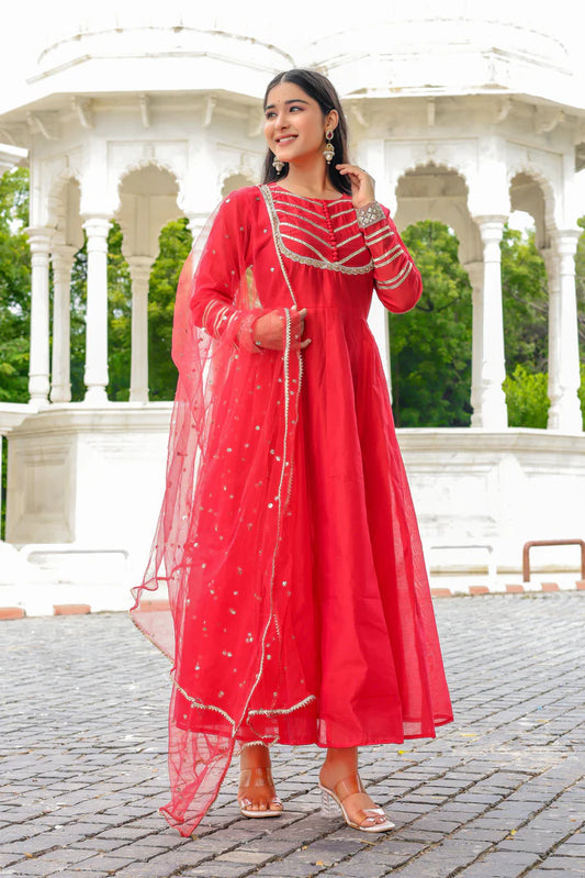 Sindoori Adaa – Chanderi Silk Anarkali Set - 3099 - Gheraa10143