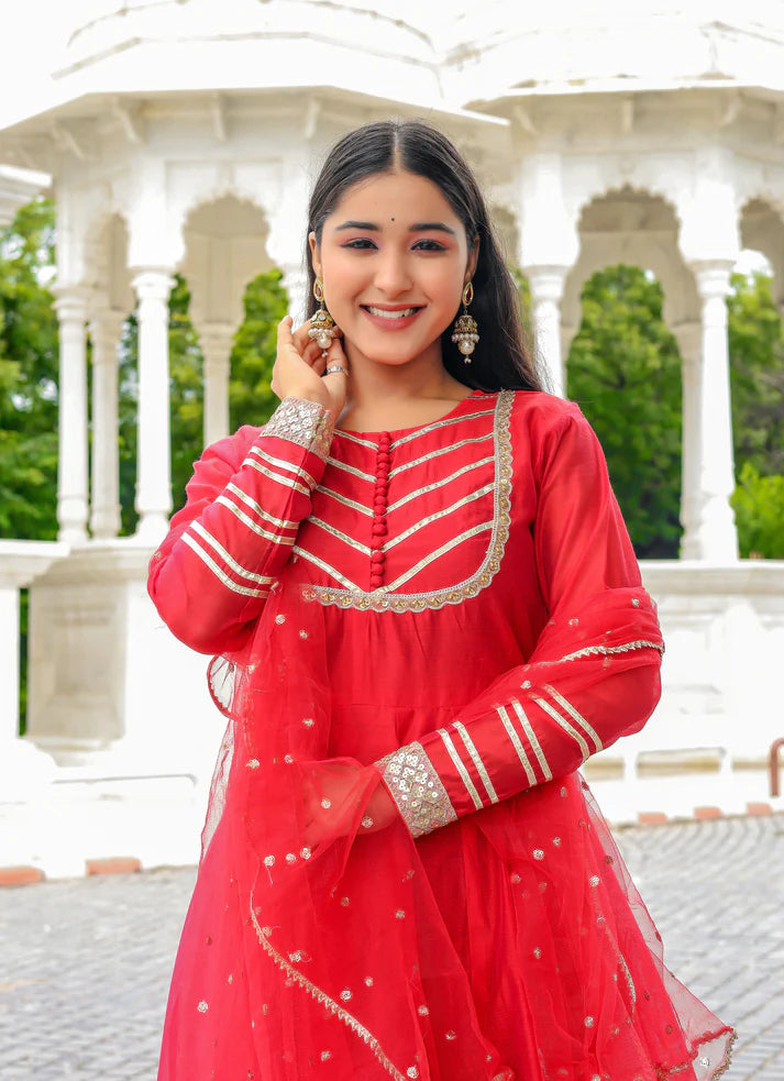 Sindoori Adaa – Chanderi Silk Anarkali Set - 3099 - Gheraa10143