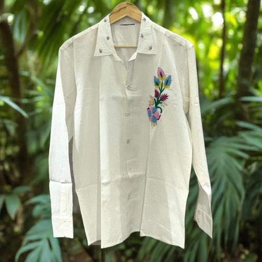 White Silver HandWork Embroidery Cotton Shirt - 400 - AA0588