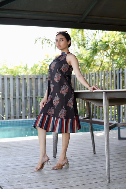 Black Floral Halter Neck Cotton Dress - 1800- Gheraa10360