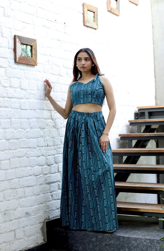 Teal Blue Crop Top & Maxi Skirt Set - 1900- Gheraa10370