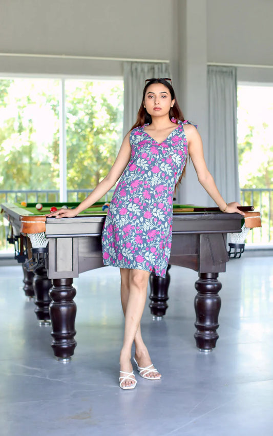 Grey Pink Kantha Cotton Summer Dress - 1400- Gheraa10364