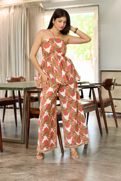 Ivory Floral Halter Peplum Co-ord Set - 1900- Gheraa10367