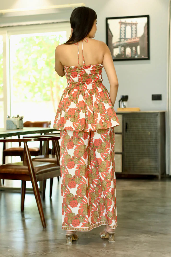 Ivory Floral Halter Peplum Co-ord Set - 1900- Gheraa10367