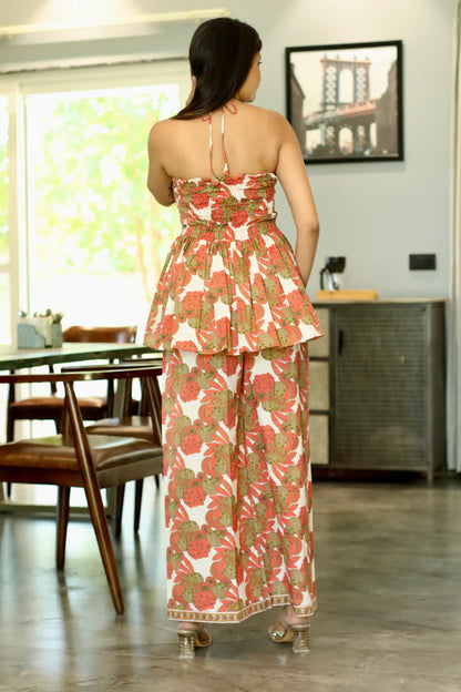 Ivory Floral Halter Peplum Co-ord Set - 1900- Gheraa10367