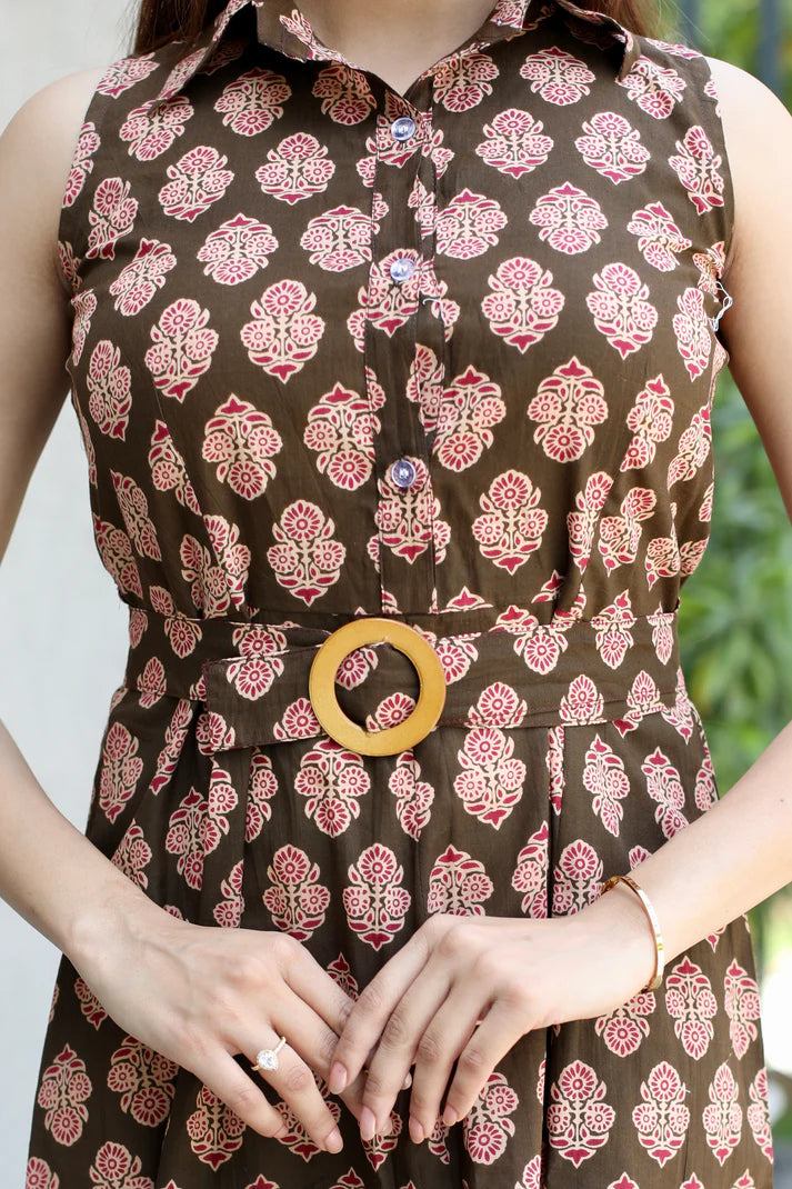 Brown Floral Belted Cotton Short Dress - 1700- Gheraa10359