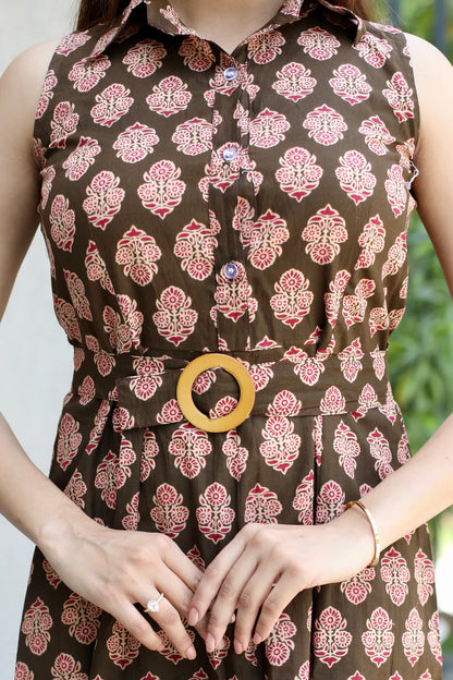 Brown Floral Belted Cotton Short Dress - 1700- Gheraa10359