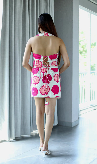 Pink Cotton Halter Neck Crop Top & Mini Skirt Set - 1900- Gheraa10369