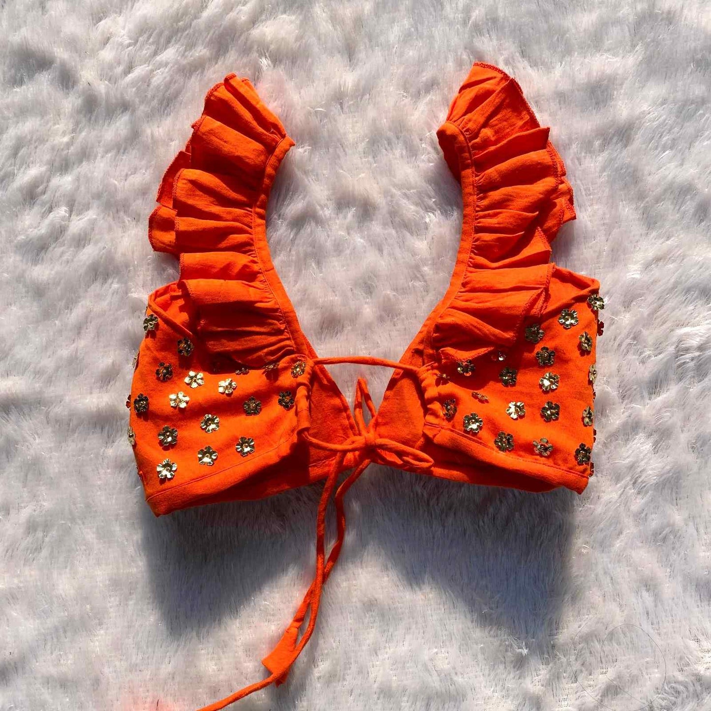 Orange Floral Sequin HandWork Bra - KJ0206