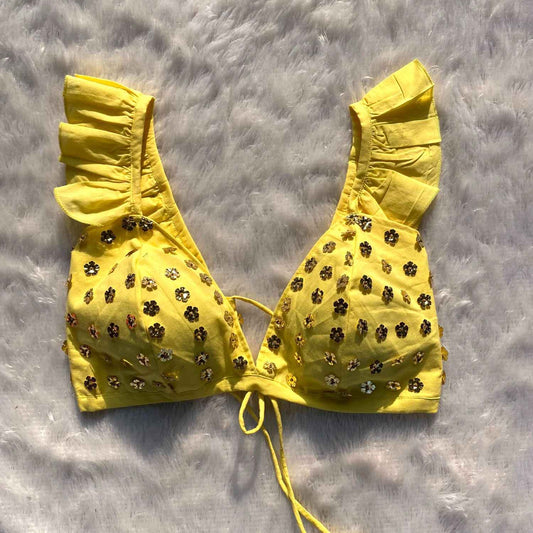 Yellow Floral Sequin HandWork Bra - KJ0202