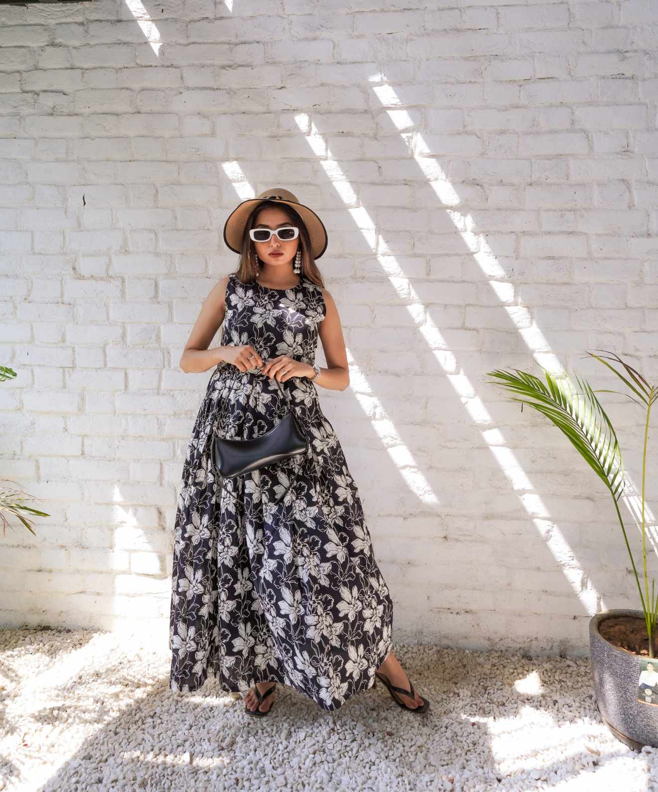 Black & White Floral Maxi Dress - 1400 - Gheraa10058