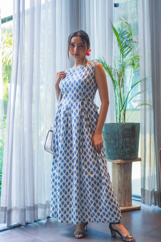 Blue Handblock Cotton Maxi Dress - 1550 - Gheraa10048