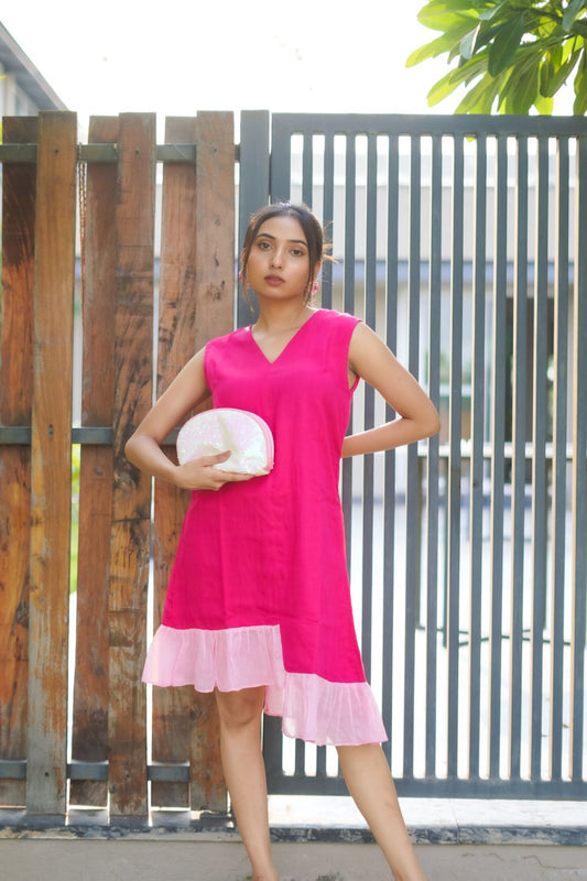 Hot Pink Mulmul Ruffle Dress - 1350 - Gheraa10050