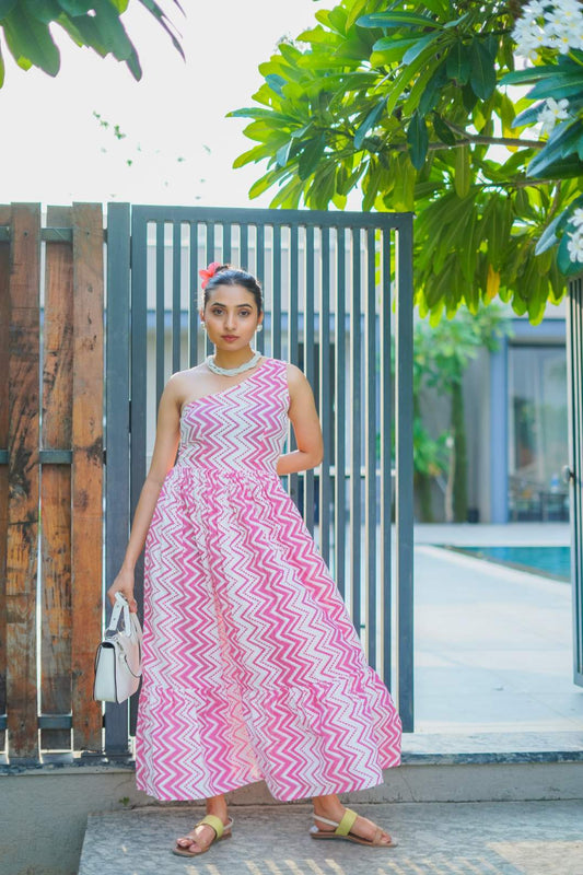 Pink Chevron One-Shoulder Cotton Maxi Dress - 1450 - Gheraa10049