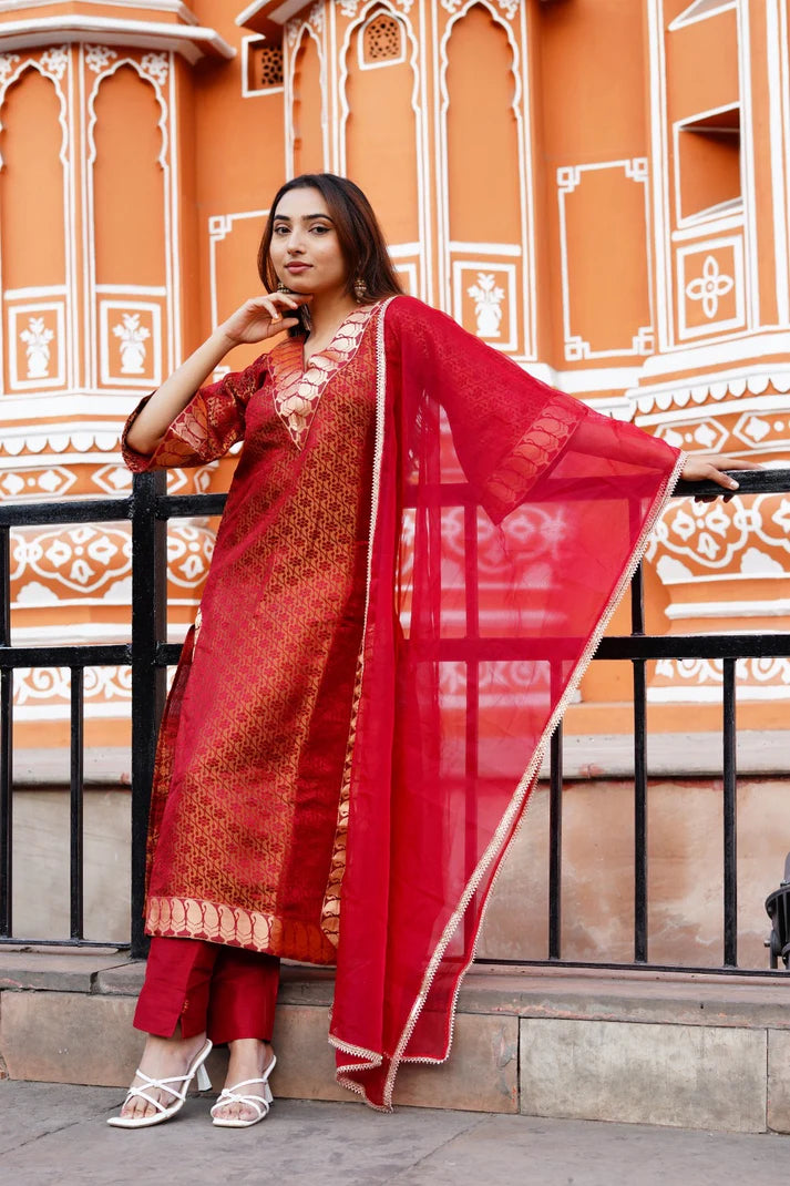 Aabha Maroon Banarasi -3 pc suit set - 3779 - Gheraa10208