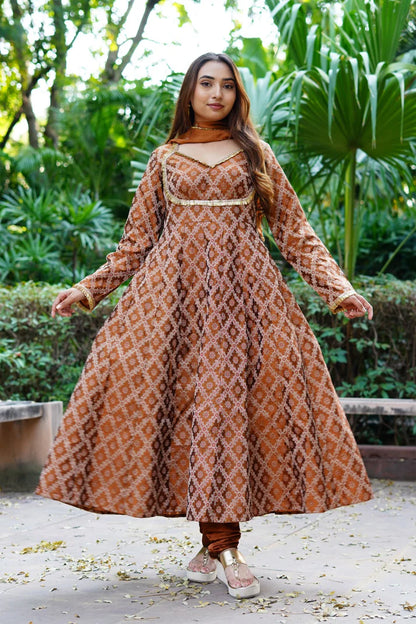 Double shade brown Banarasi Anarkali -3 pc set - 3465 - Gheraa10212