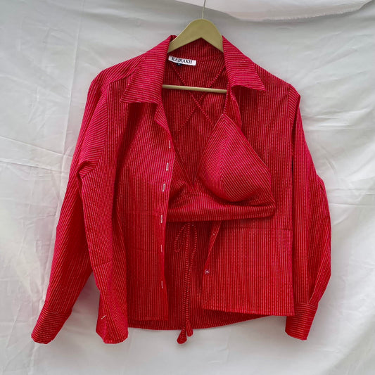 Red Katha Shirt & Bra Combo - KJ0120