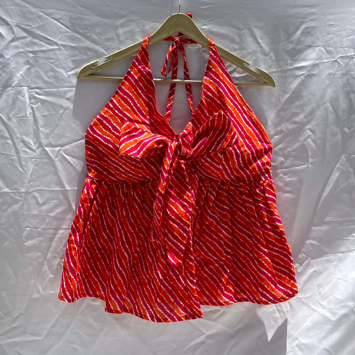 Pink Orange Lehariya Front Knot Halter Neck Cotton Top - KJ0137 (( Clearance Sale Item ))