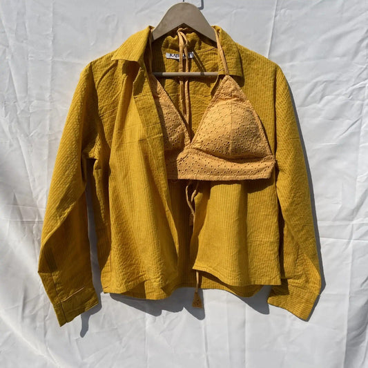 Yellow Katha Shirt & Chikan Bra Combo - KJ0074