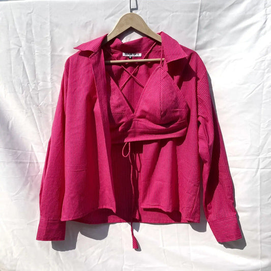 Pink Katha Shirt & Bra Combo - KJ0073