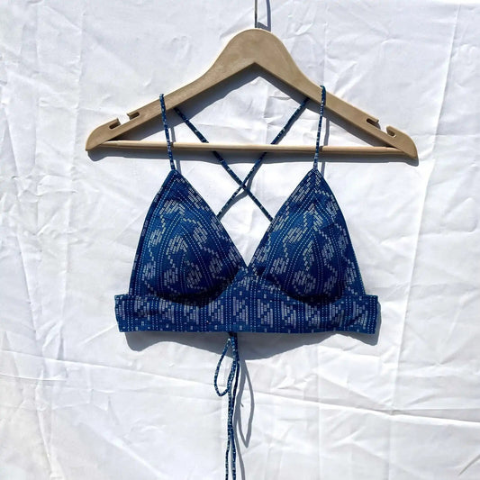 Navy Blue S Pattern Kantha Cotton Padded Bra - KJ0079