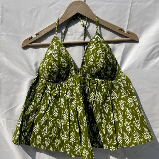 Green Tree Deep V Halter Neck Cotton Top - KJ0117 (Clearance Sale)