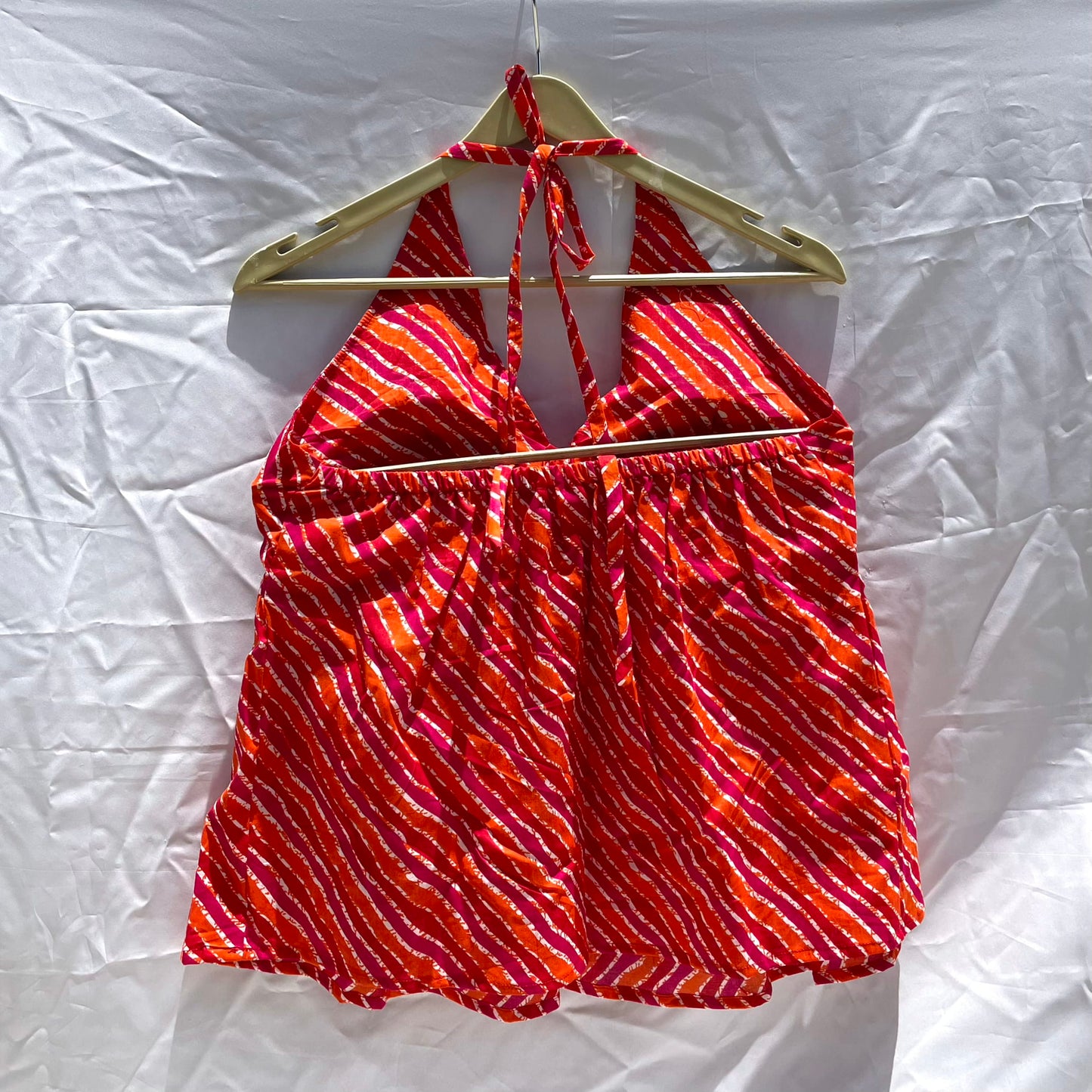 Pink Orange Lehariya Front Knot Halter Neck Cotton Top - KJ0137 (( Clearance Sale Item ))