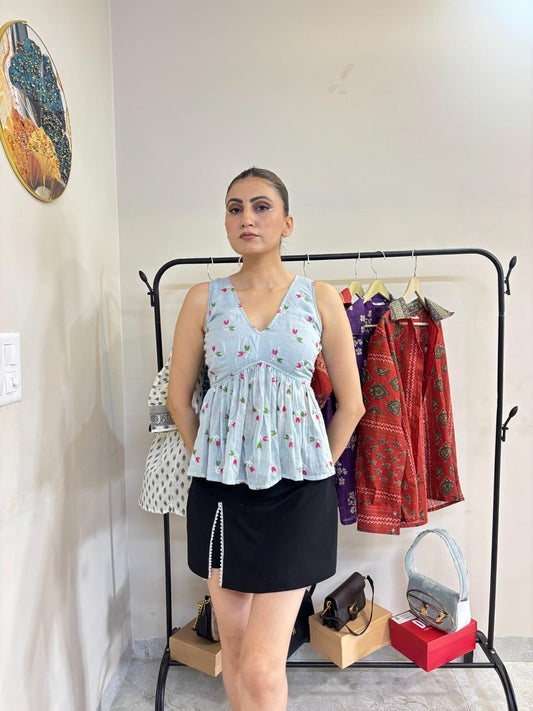Ice Blue Embroidery Criss Cross  Removable Padded Top - KJ10460