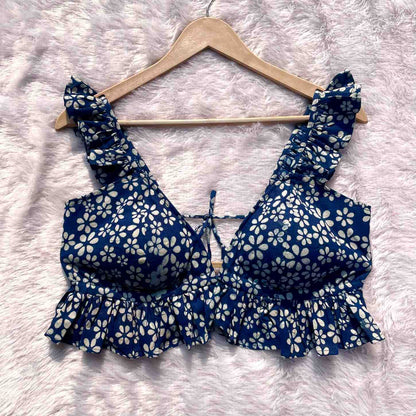 Indigo Handblock Floral Frill Bra - KJ0263