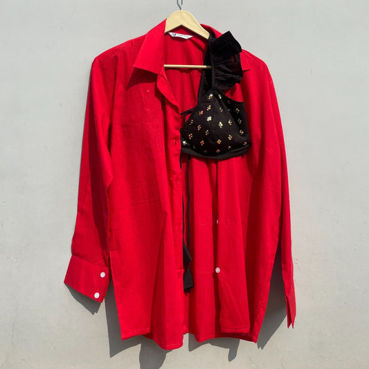 Red Shirt & Black Frill Sequin Bra - KJ0335