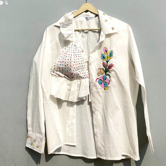 White Embroidery Hand Work Shirt & Multi Sequin Bra Combo - KJ0346