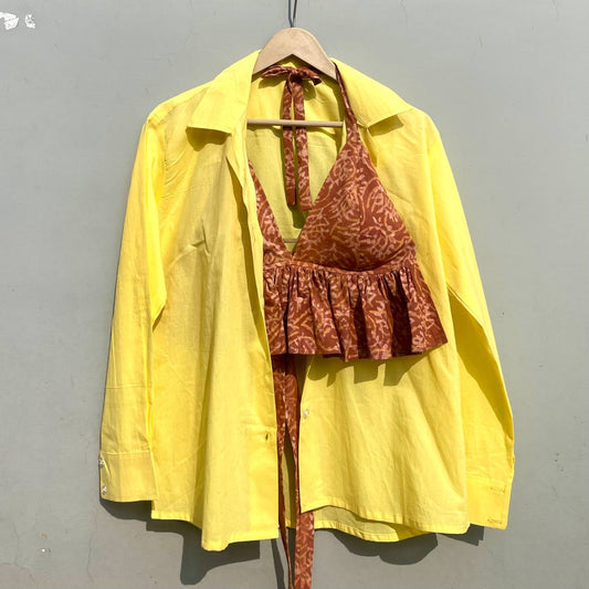 Yellow Plain Cotton Shirt & Handblock Rust Frill Bra Combo - KJ0347