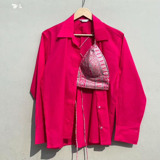 Plain Pink Cotton Shirt & Floral Bra Combo - KJ0338