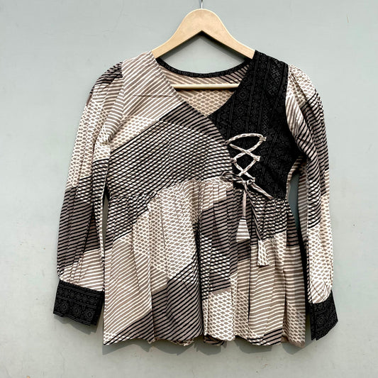 Black and White Angrakha Cotton Top - KJ0281