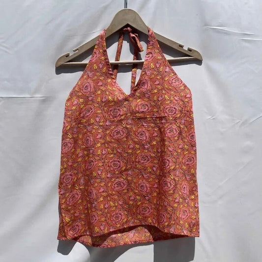 Peach Pink Floral Halter Neck Top- KJ0090 (( Clearance Sale ))