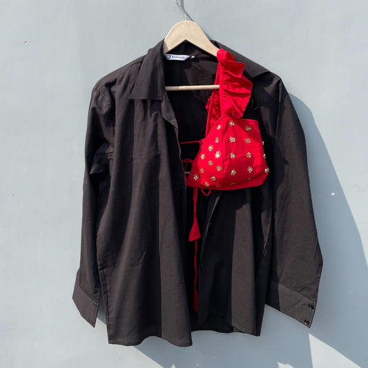 Black Shirt & Red Sequin Frill Bra Combo - KJ0345