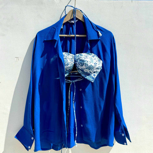 Blue Crush Cotton Shirt and Printed Bra Combo - KJ0518  (( Clearance Sale ))