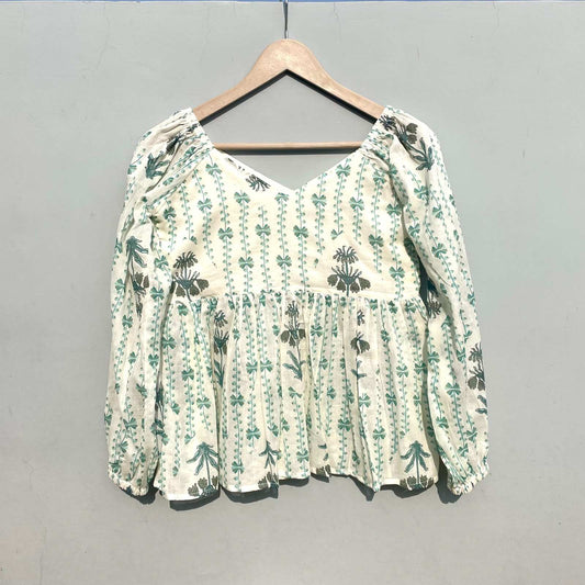 White Cyan Floral Cotton Puff Sleeves Top  - KJ0285