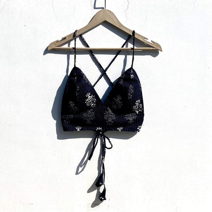 Black Floral Kantha Removable Pads Bra - KJ0837