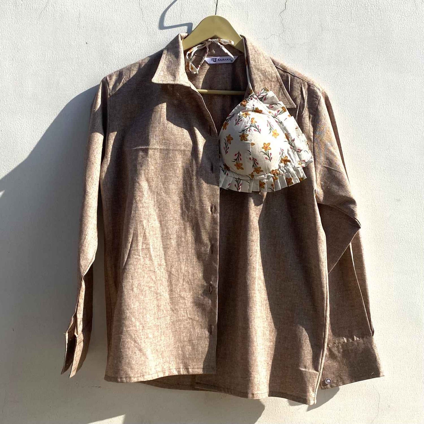 Brown Khadi Shirt and White Frill  Bra Combo - KJ0847