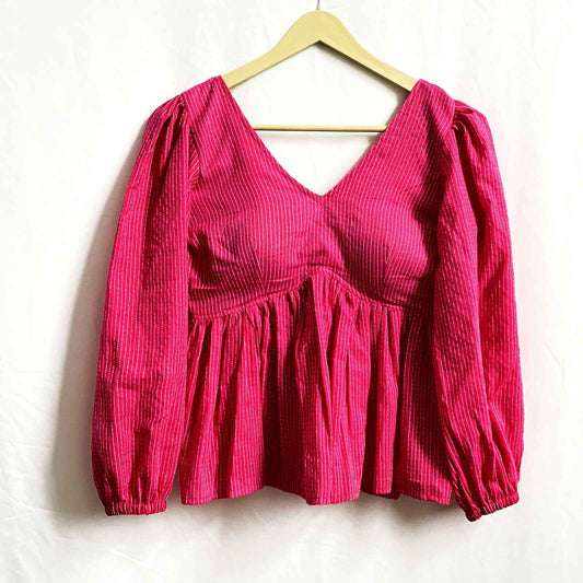 Pink Katha Deep Neck Full Puff Sleeves Cotton Top - KJ0059