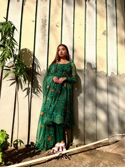 Bottle Green Bandhej Chiffon Suit Set - AT0330