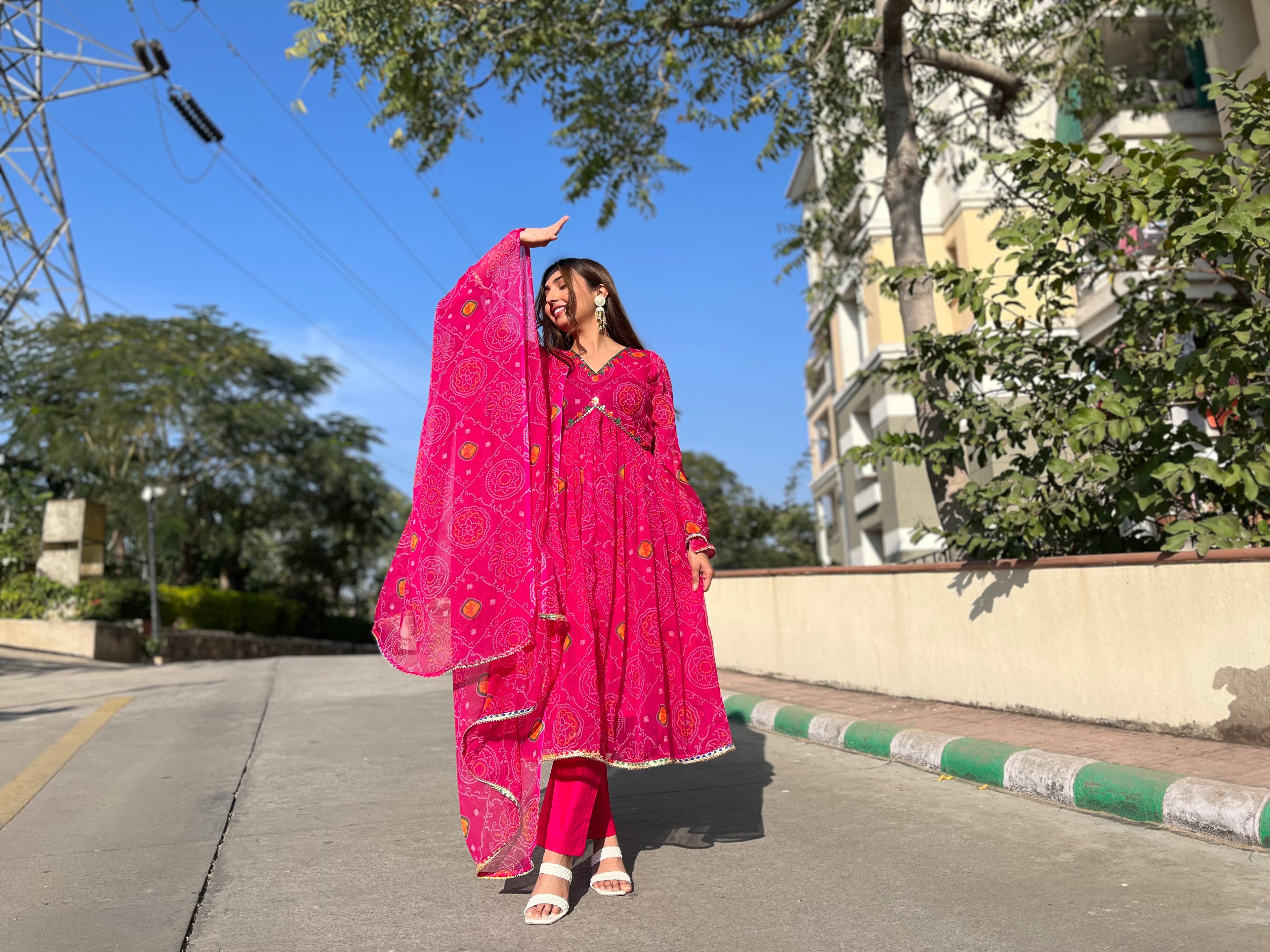 Pink Bandhej Chiffon suit for wedding and other occasion 
