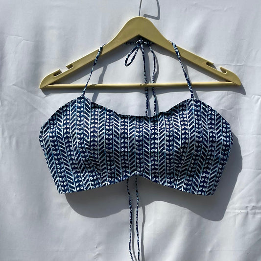 Blue Leaf Halter Neck Back Knot Cotton Crop Top - KJ0146