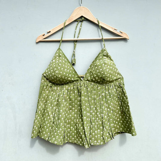 Olive Green Tree HandBlock Cotton Top  - KJ0441 (Clearance Sale)