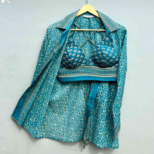Blue Foil Mul Shirt & Bra Combo - KJ0438