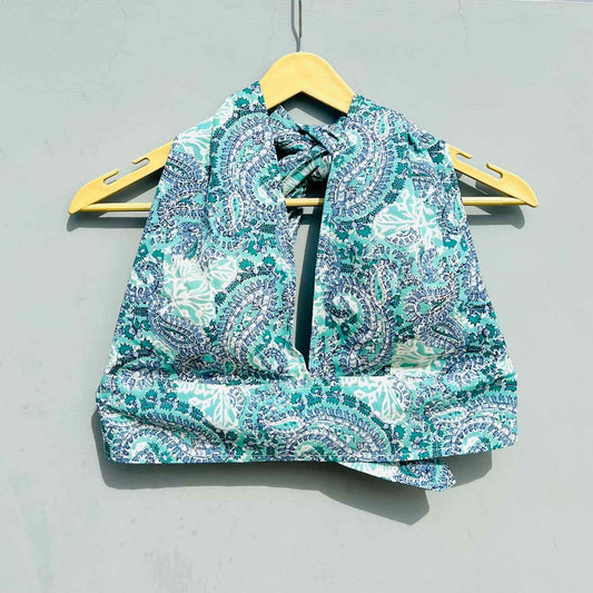 Cyan Paisley Halter Neck and Back Knot Top  - KJ0440  ( Clearance Sale Item )
