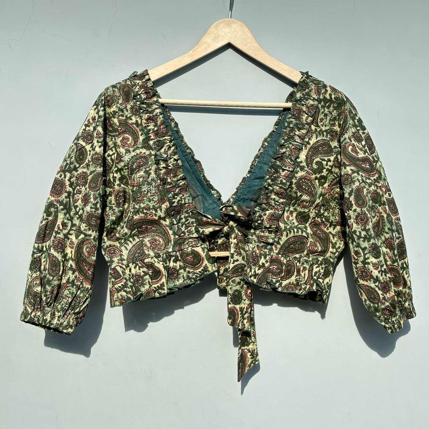 Green Paisley Frill Neck Puff Sleeves Cotton Top - KJ0486 (( Clearance Sale ))