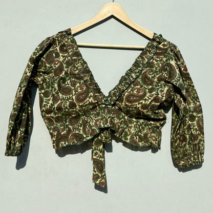 Green Paisley Frill Neck Puff Sleeves Cotton Top - KJ0486 (( Clearance Sale ))